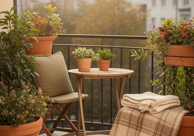 Klein balkon met terracotta potten, buitenkussen en geweven plaid naast een bistrotafel