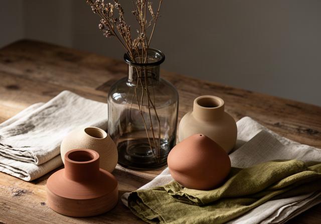 Tafel met hergebruikte glazen vaas, keramiek en gevouwen linnen servetten in aardetinten
