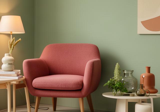 Woonhoek met rozerode fauteuil, saliegroene muur en accessoires van keramiek en glas
