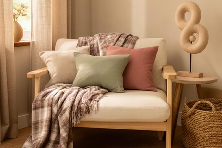 Huurwoning met zachte kussens, plaid en textielaccenten rond een compacte zithoek