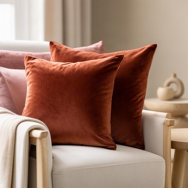 Terracotta velours kussens op een lichte fauteuil in een sfeervolle woonkamer