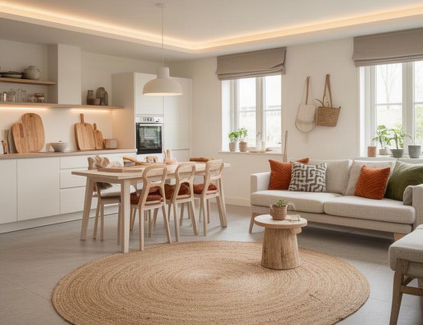 Open keuken en woonkamer met rond vloerkleed, houten snijplanken en herhaald kussenmotief