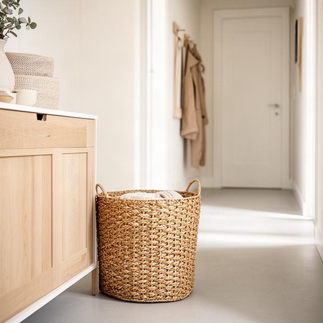 Natuurlijke rotan opbergmand naast een houten kast in een lichte hal