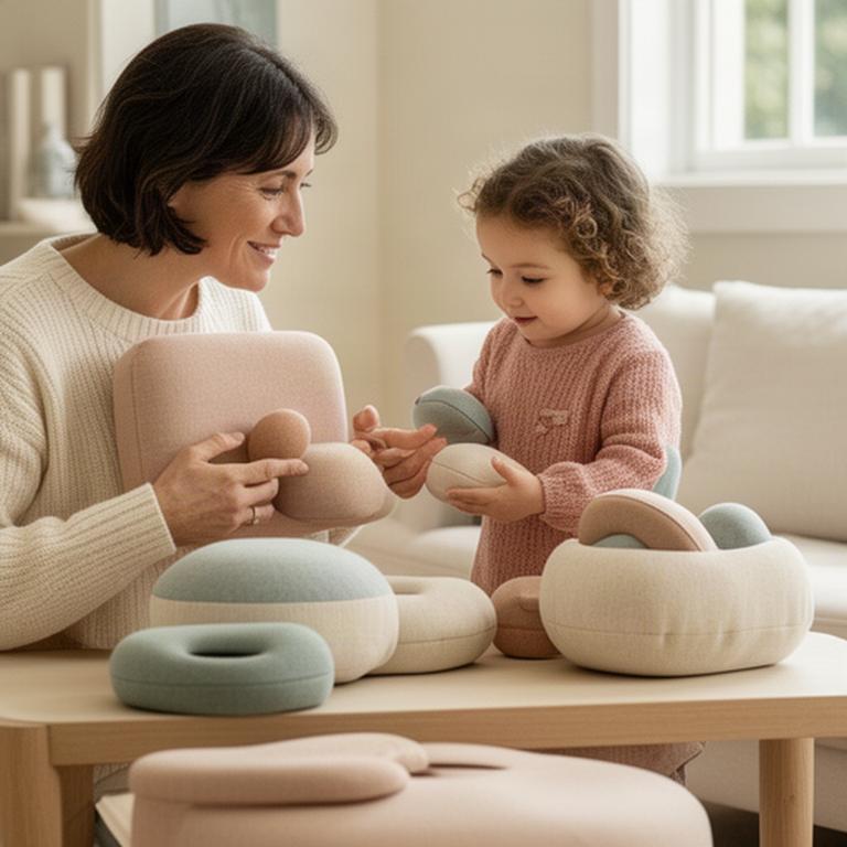 Ouder en kind kiezen samen zachte afgeronde woonaccessoires in een rustige woonkamer