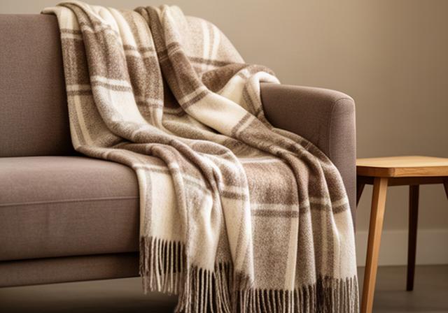 Naturel wollen plaid met franjes over een taupekleurige bank naast een houten bijzettafel